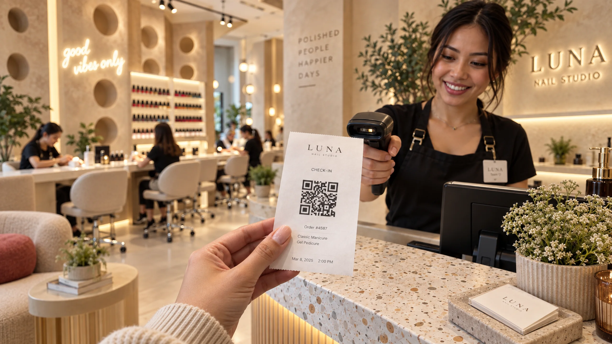 Client scanning a QR code at a nail studio counter