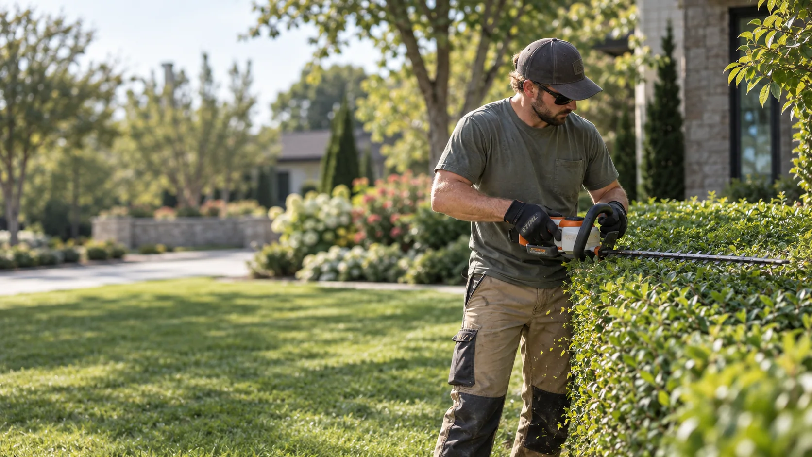 Landscaper trimming a hedge outside a house