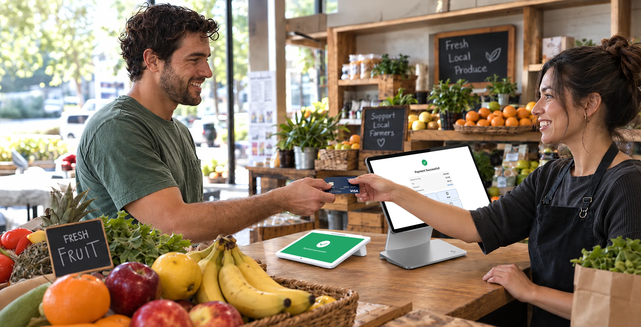 Shopper handing a card across a grocery counter to pay on a Go POS terminal