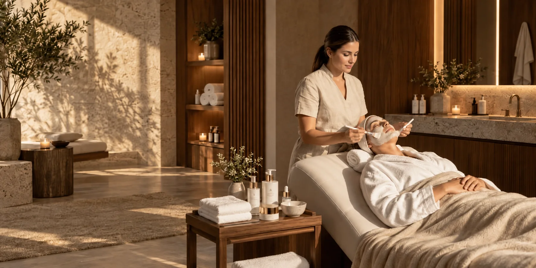 Therapist giving a facial treatment in a calm spa room
