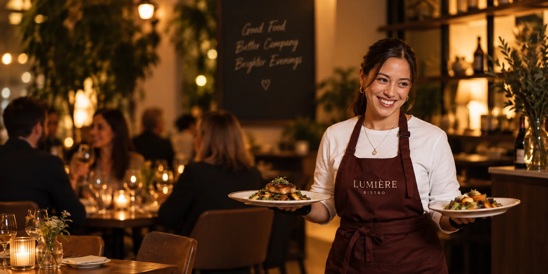 Server carrying two plates through a busy bistro