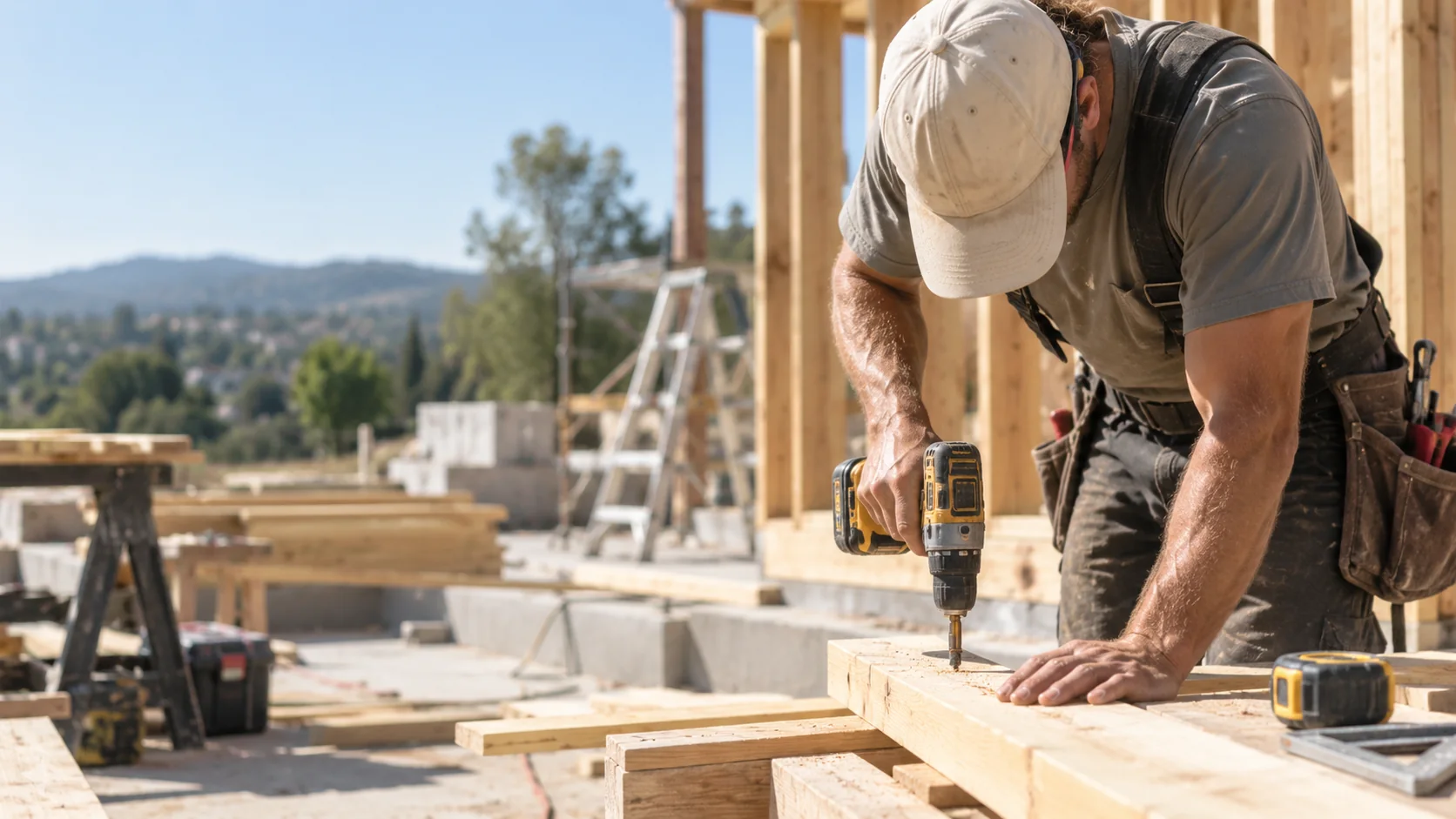 Carpenter drilling into timber framing on a build site